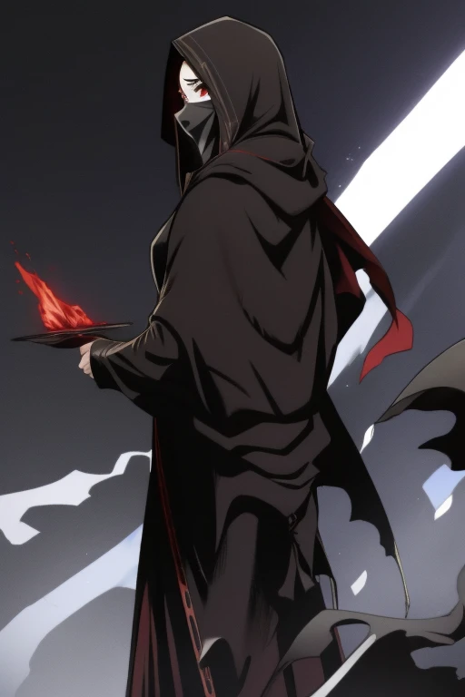 black cloak, black cape, long robe, mask, overly long skirt, 1girl, solo, red eyes, solo, girl1