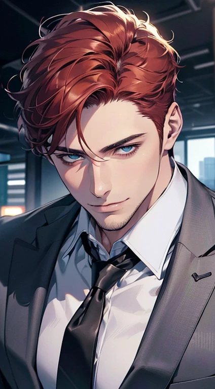 (best quality,4k,8k,highres,masterpiece:1.2),ultra-detailed,(realistic,photorealistic,photo-realistic:1.37),1 man,31 years old,mature man,very handsome,without expression,smile,short red hair,blue eyes,penetrating gaze,perfect face without errors,imposing posture,businessman,office background,cinematic lighting,hdr image