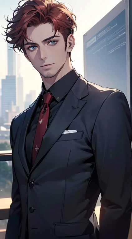 (best quality,4k,8k,highres,masterpiece:1.2),ultra-detailed,(realistic,photorealistic,photo-realistic:1.37),1 man,31 years old,mature man,very handsome,without expression,smile,short red hair,blue eyes,penetrating gaze,perfect face without errors,imposing posture,businessman,office background,cinematic lighting,hdr image