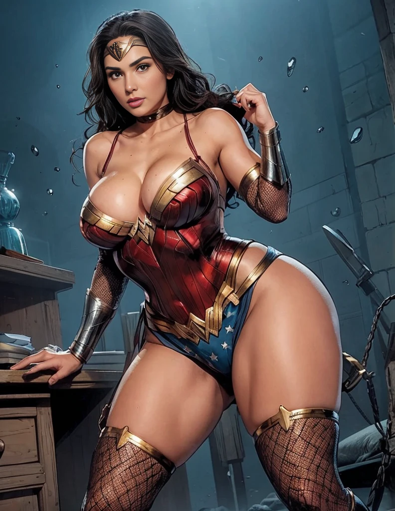 Gal Gadot plays Wonder Woman, plump body, huge breasts, Huge ass, big legs,nipple,Camel toe clear,Painful expression,vivid,Cry,Tears,Pitiful,Expressive