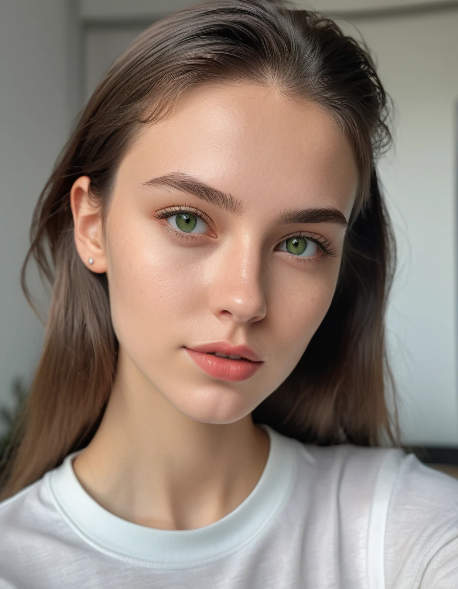 8K, best qualityer, tabletop, realisitic, The ultra-detailed, realistic photography, A hyper-realisitic, softer lighting, increase the quality of cinematic lighting, photorealistic lighting, Back lighting, shine light, Increase quality, Top Quality Real Textured Skins, close up, slim, cute face, selfie live beautiful and detailed eyes, snapshot skinny white girl, 18-years old, slickedback hair, thin, white with green eyes, istp style, Foto realisitic, Brazilian, From Rio, simple apartment, mic