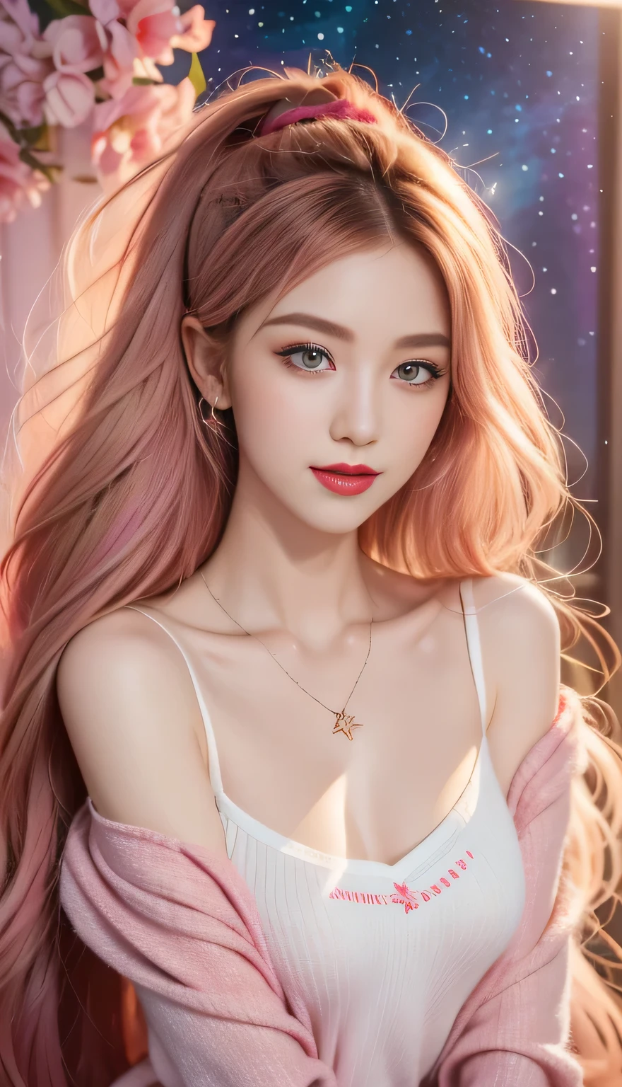 Close-up of a woman with Colorful hair and necklace, Universe long hair anime girl, The soft vibrancy of Rossdraws, Guvez-style artwork, Fantasy art style, Colorful], Vibrant fantasy style, Rossdraws Vibrant cartoons, cosmic and Colorful, Gu Weiss, Colorful digital fantasy art, Stunning art style, Beautiful anime style, Full body lighting, Skin brightening, Sexy expressions