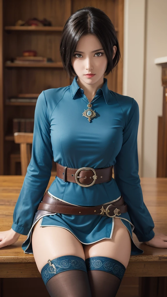 (Tabletop, Highest quality, Highest quality, Official Art, beautifully、aesthetic:1.2), Very detailed, colorful,Best details,An illustration, Fantastic scene, One Girl, alone, (Final Fantasy 12,Asheria, short hair, Asheria Costume, mini skirt,Knee socks, Thighs Thighs Thighs Thighs, gem, Blue Belt,One number on the belt), Various poses and expressions, I gritted my teeth., Heavy breathing, Moving Chart,Medieval Fantasy