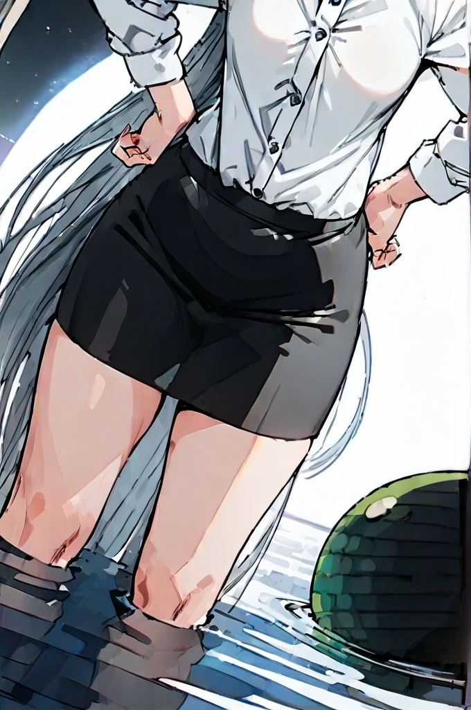 ((Masterpiece, Best Quality)), (BULMA), (Alone), (Feminine focus), (He drowned, , very long hair)light smile, Open mouth, ((White shirt), (Buttoned shirt), (space between buttons)), ((black skirt), (Short skirt)), standing, White background, arms on hips, dynamic angle,