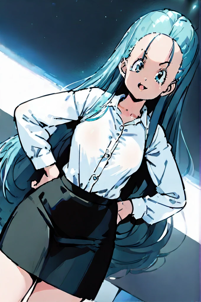 ((Masterpiece, Best Quality)), (BULMA), (Alone), (Feminine focus), (He drowned, , very long hair)light smile, Open mouth, ((White shirt), (Buttoned shirt), (space between buttons)), ((black skirt), (Short skirt)), standing, White background, arms on hips, dynamic angle,
