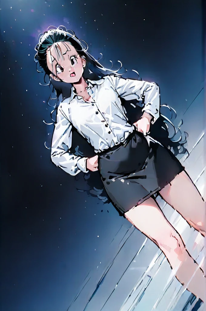 ((Masterpiece, Best Quality)), (BULMA), (Alone), (Feminine focus), (He drowned, , very long hair)light smile, Open mouth, ((White shirt), (Buttoned shirt), (space between buttons)), ((black skirt), (Short skirt)), standing, White background, arms on hips, dynamic angle,