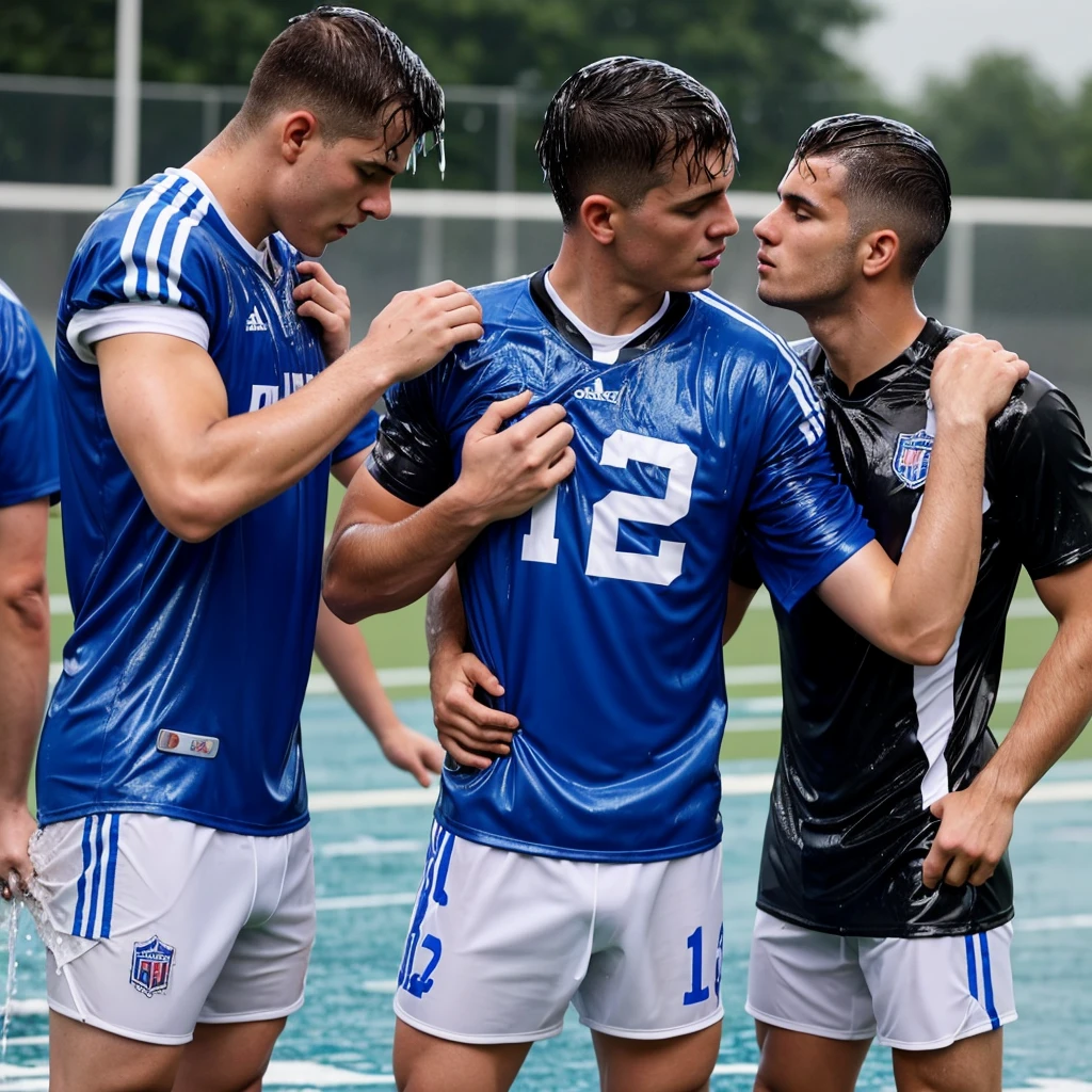 soaked twenty year old men wearing wet football jerseys with soaked hair wearing soaked uniforms. several men in soaked jereseys pour buckets of water over them. Wet shirts. Wetlook. Sensual. Kissing. Homosexual. Wet clothes. Wetlook. 