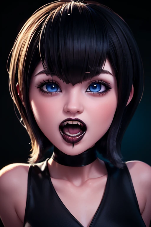 Masterpiece, Best Quality,  gothic girl, clavicle, looking at the viewer stunning blue eyes, white skin eyeliner, perfect detailed 12k, short hair with bob style bangs, Beautiful face,Open mouth, to bite, teeth fangs vampire,  lipstick negro,  voluminous and sensual lips, big and heavy bust 