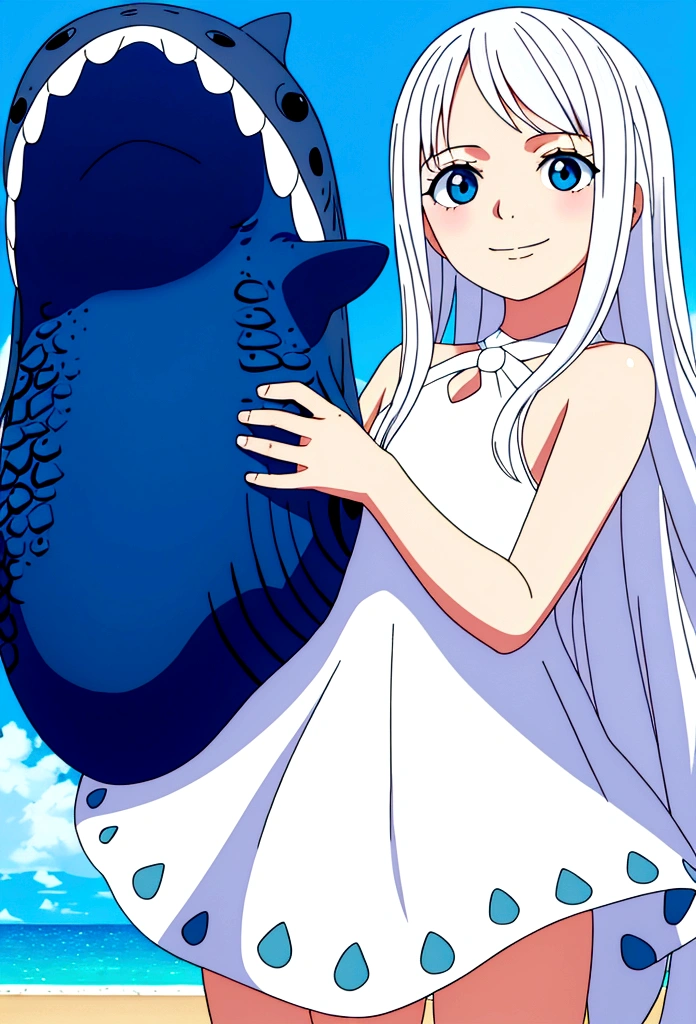 girl (), platinum white long hair, blue eyes, hugging a stuffed whale shark, wearing cute dress, smiling in a sunny day