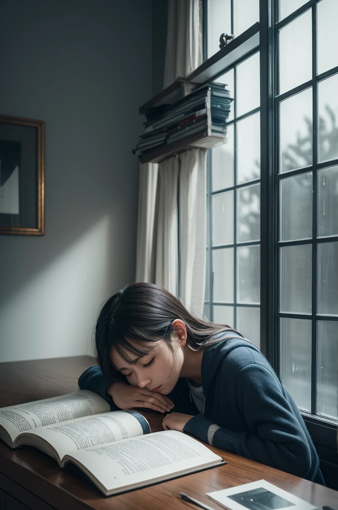 Suggested scene: A lonely person looking out the window on a rainy day, with the face partially illuminated by the soft light coming through the window. The gray and melancholy atmosphere of the rainy day contrasts with the person's thoughtful and introspective expression., symbolizing emotional loneliness and the search for acceptance and understanding.
Additional Detail:
elements: Poetry books stacked next to the window, a pen or pencil on the table, suggesting creativity and artistic expression.
colors: grayscales, dark blue and soft brown to reflect introspection and serenity.
atmosphere: A calm, contemplative atmosphere that complements the emotional depth of the poem.