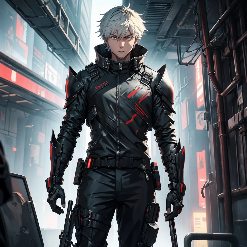 male character. in black clothes. in a futuristic setting. strong. wears futuristic cyberpunk-style armor.