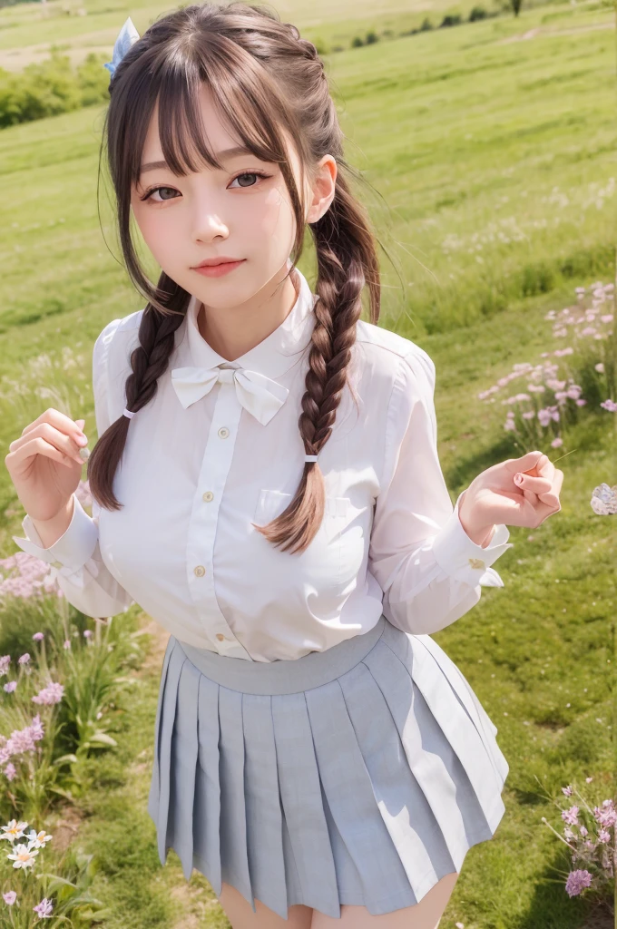 (masterpiece:1.3), (absurdres:1.3), (best quality:1.3), (ultra-detailed:1.3), 1girl, ph elaina, Eoutfit4, elaina (majo no tabitabi), solo, long hair, bow, white shirt, blush, skirt, bangs, hair between eyes, blue eyes, bowtie, hair bow, collared shirt, long sleeves, shiny hair, neck ribbon, dress shirt, sidelocks, pleated skirt, pocket, hair tubes, white hair, single braid, wing collar, pink ribbon, big breast , shiny, hair ribbon, bright smile, full body, day, clear sky, looking at sky, look Up, meadow background, closed mouth, (wind:1.2), flowers flying in the wind, dynamic pose, waving,