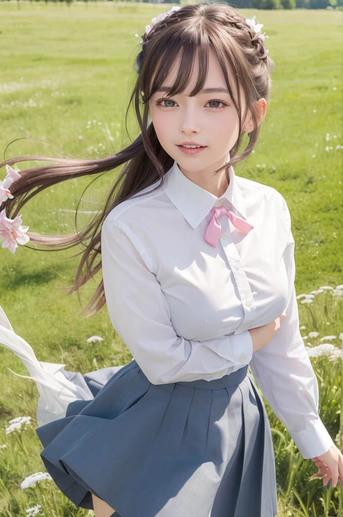 (masterpiece:1.3), (absurdres:1.3), (best quality:1.3), (ultra-detailed:1.3), 1girl, ph elaina, Eoutfit4, elaina (majo no tabitabi), solo, long hair, bow, white shirt, blush, skirt, bangs, hair between eyes, blue eyes, bowtie, hair bow, collared shirt, long sleeves, shiny hair, neck ribbon, dress shirt, sidelocks, pleated skirt, pocket, hair tubes, white hair, single braid, wing collar, pink ribbon, big breast , shiny, hair ribbon, bright smile, full body, day, clear sky, looking at sky, look Up, meadow background, closed mouth, (wind:1.2), flowers flying in the wind,  dynamic pose, waving,