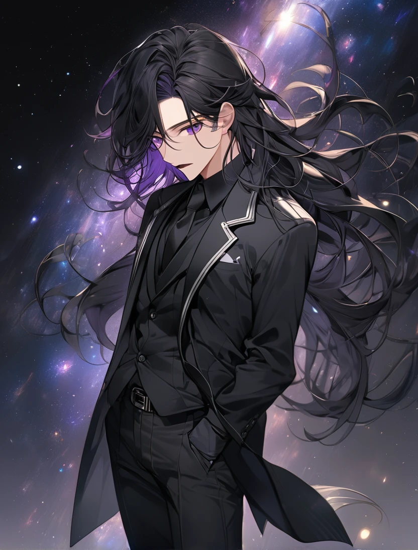 (black_hair), (long_male_hair), (deep_purple_eyes), (high_detailed_eyes), (attractive), (emotionless), (Deep_space_background), (male), (wearing _a_black_suit),(wears_black_pants), (black_leather_shoes), (black_tight_gloves), (long_male_hair), (detailed_Hair), (detailed), (detailed_mouth), 