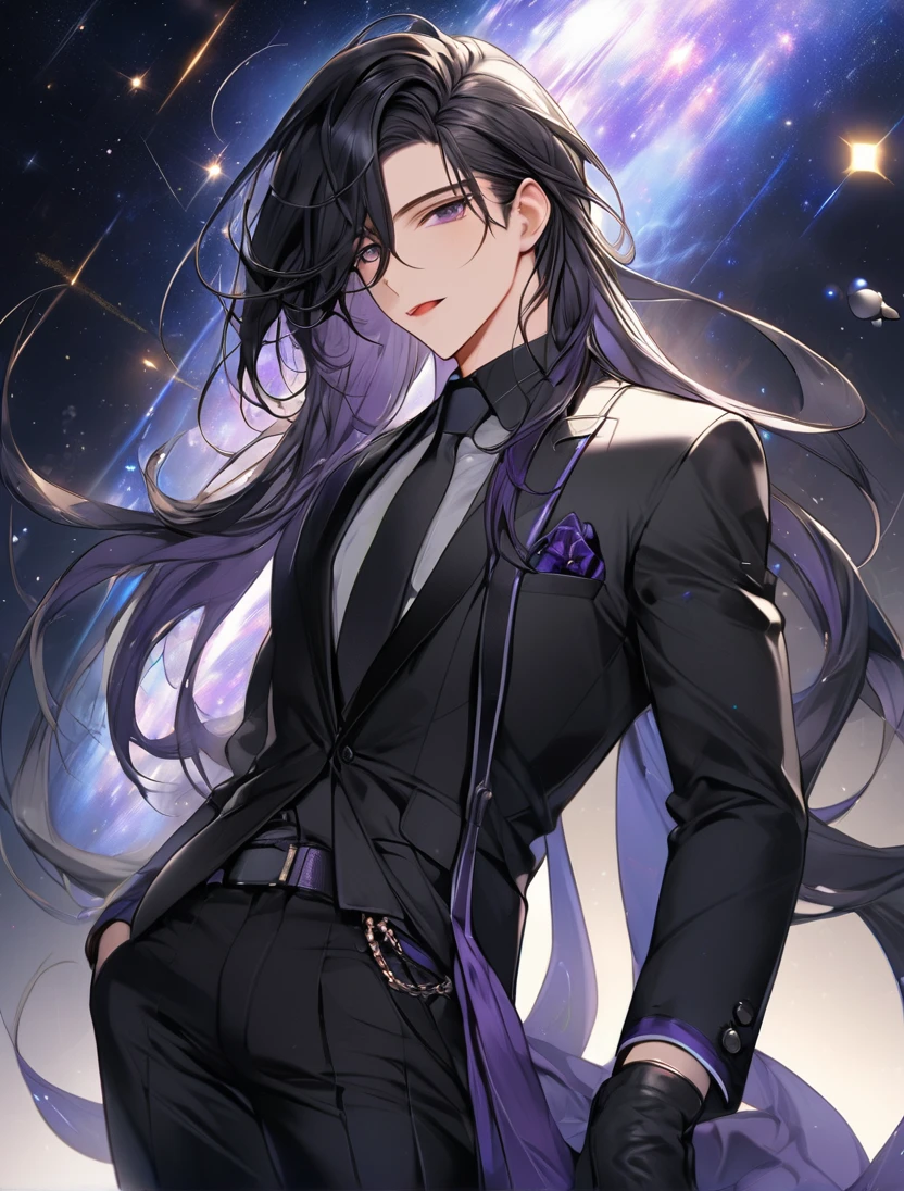 (black_hair), (long_male_hair), (deep_purple_eyes), (high_detailed_eyes), (attractive), (emotionless), (Deep_space_background), (male), (wearing _a_black_suit),(wears_black_pants), (black_leather_shoes), (black_tight_gloves), (long_male_hair), (detailed_Hair), (detailed), (detailed_mouth),