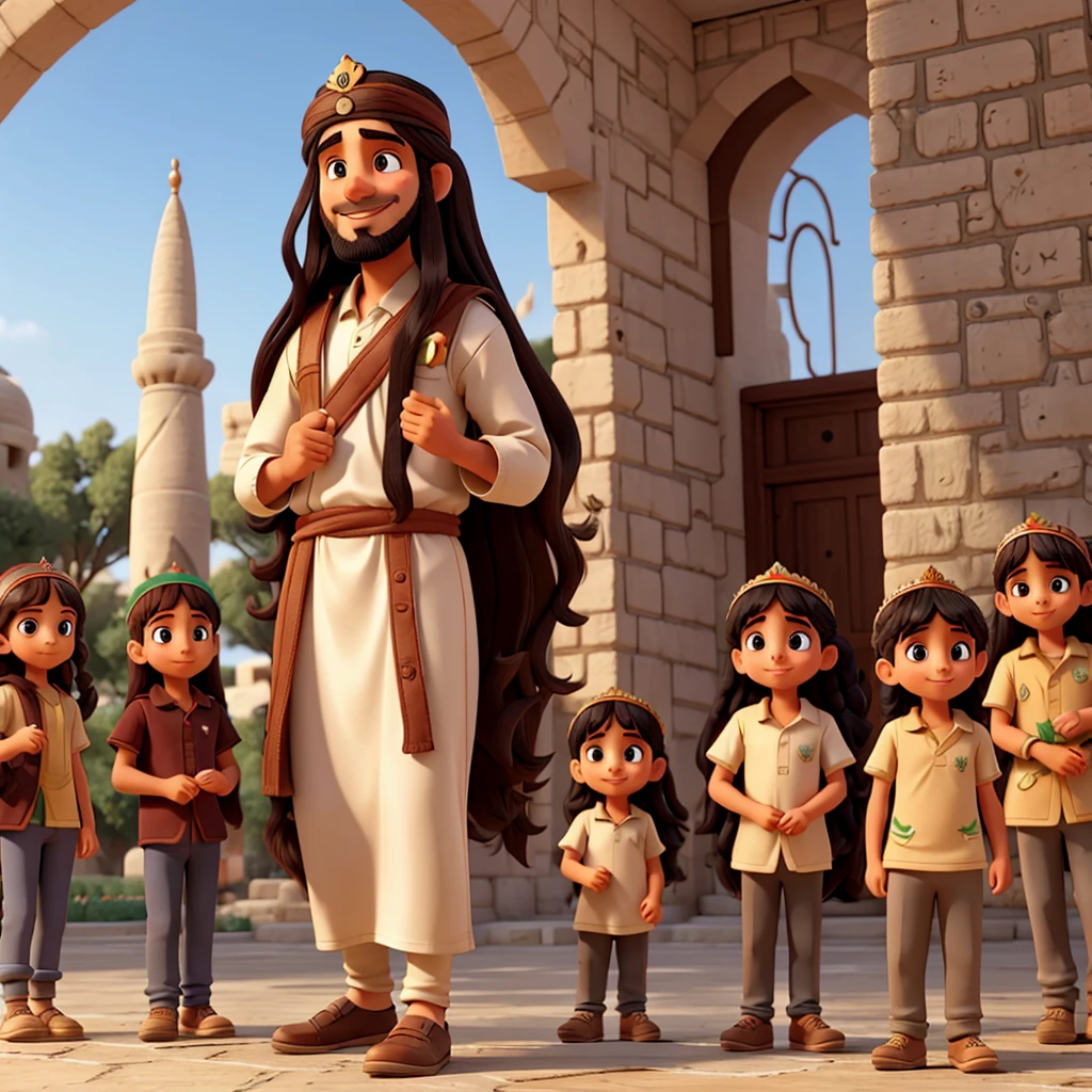 Palestinian man in simple clothes with long hair with a crown, with many happy children around him