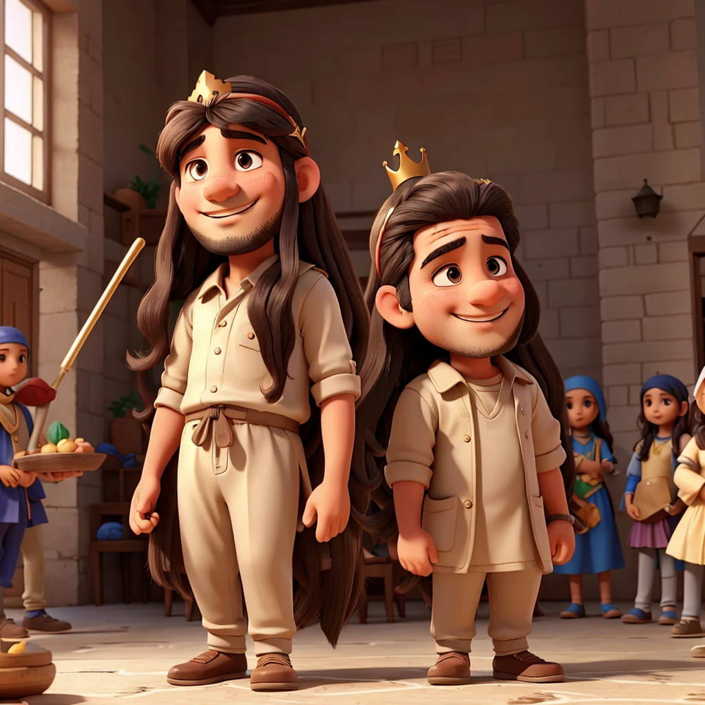 Palestinian man in simple clothes with long hair with a crown, with many happy children around him