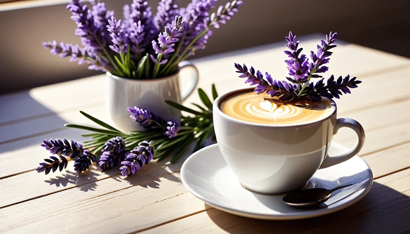 Best still life composition(best quality,4K,8K,High resolution,masterpiece:1.2),Super detailed,(Practical,photoPractical,photo-Practical:1.37),latté(clear focus、obvious)There is slight smoke in the white ceramic cup.Artist coffee impression.White sweater with clear texture,Wrinkles arranged randomly...Sophisticated and elegant.A bouquet of bright lavender flowers laid flat from above(Lying flat on the table.From top to left.Make space on your desk)..Modern style cafe bokeh background.Super detailed.(Super quality,Super detailed,Ultra-complex,Extremely complex)Soft and natural light and shadow.Reverse fragrance.no humans.Ultra wide angle, (Detailed texture),Background covered with film grain, natural soft light,(Morning Scene.warm sunshine in the morning)Ray tracing, Vignette, Wide-angle lens, Ultra wide angle, best qualitycinematic lighting, Depth of Field, outer boundary, Negative space, Letterbox header image