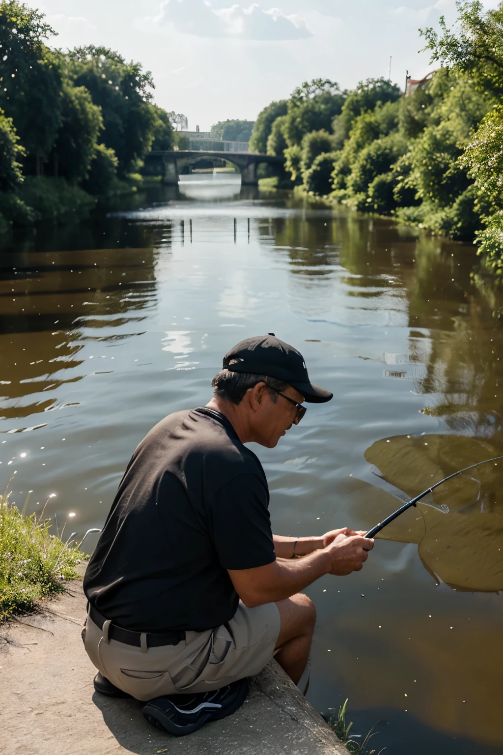A middle-aged man is fishing on the bank of the river