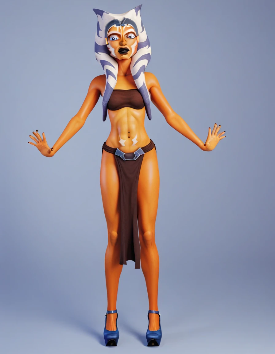 Ahsoka Tano, with a small loincloth and a top with a blue neckline, with black pantyhose, blue heels, looking a little surprised at the viewer