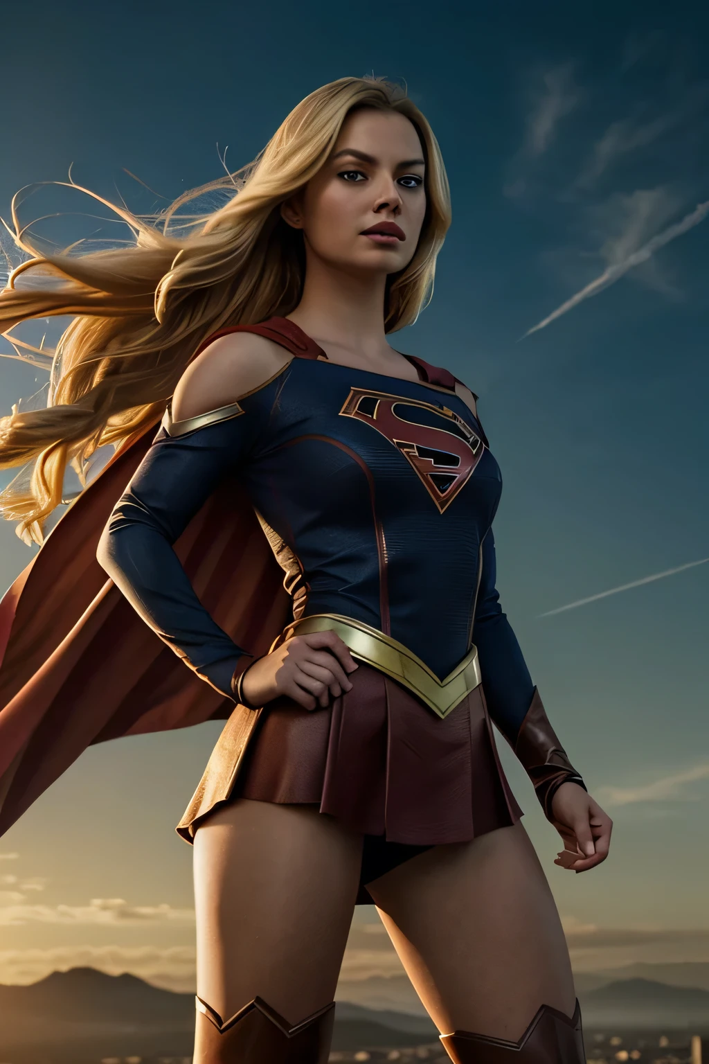 The character Supergirl with extremely long blonde hair, similar to Margot Robbie, perfect costume, heading towards the sky, heroic pose, face in extremely detaild and high qualiy 4K, facing the camera, perfect lighting on your face, 4K, photorrealistic, work of art, high qualiy, extremely detaild, cinematic lighting, dramatic pose, chic, sensuous, center the image, Visual effects, sound effects, incredibly detailed and complex, Hyper maximalist, chic, hyperrealisti, super verbose, Woman posing for photo, portraite, classy and chic photo