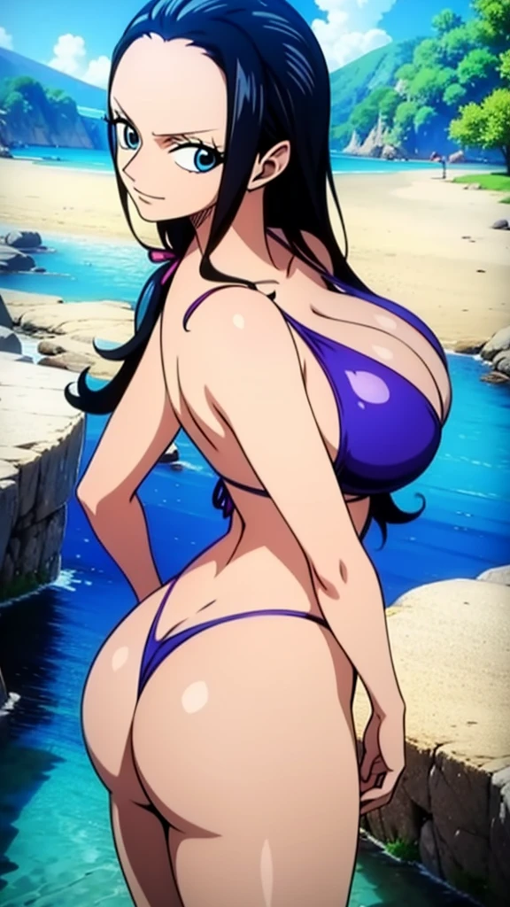 Robin de One Piece, y pose, What if , Elly, 8k, anime, Shore, Big Booarge ass, Lo sexy perfequality eyes blue eyes standing micro bikini, showing bare ass, back vie