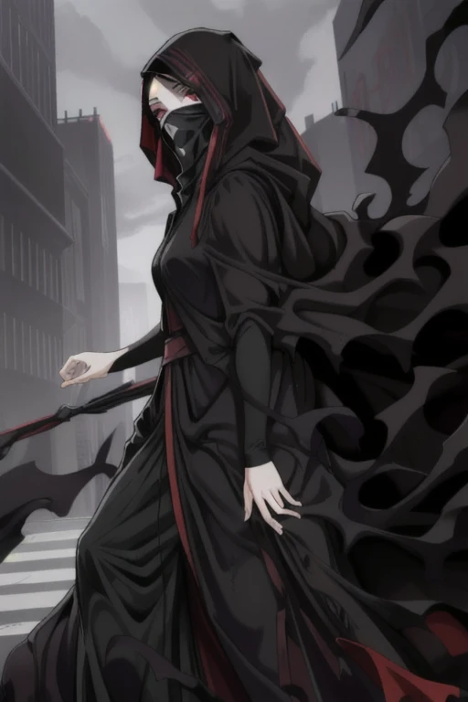 black cloak, black cape, long robe, long skirt, mask, overly long skirt, 1girl, solo, red eyes, solo, girl1, city