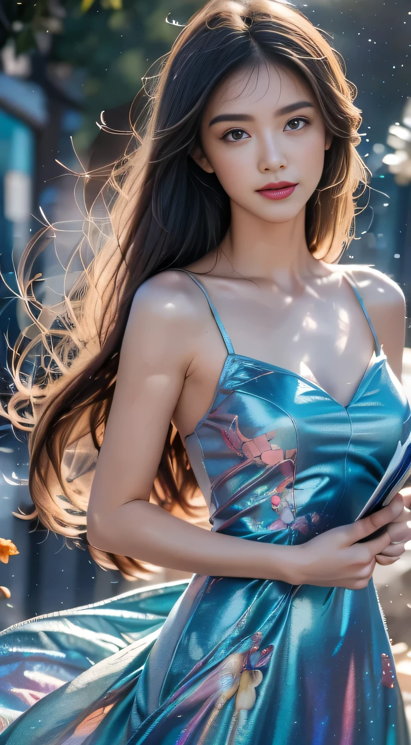 (best quality, masterpiece), 1 girl, read a book, particle, wind, flower, Upper Body, Simple background, Looking at the audience, Rainbow hair, Teal Short Flowy Dress, universe, nebula, galaxy