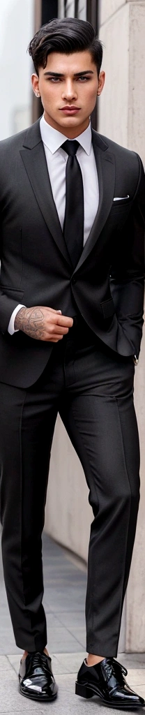 Create an 22 years old master piece handsome boy, with a realistce face and body, stylish short hair cut with a black colour, strong muscle and fitness body, realistic photo,rew image, wearing a suit or business trousers and business shoes, full body image , wakeing styli pose, hayper detailed pictures , Indian look