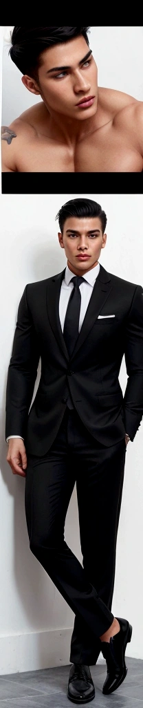Create an 22 years old master piece handsome boy, with a realistce face and body, stylish short hair cut with a black colour, strong muscle and fitness body, realistic photo,rew image, wearing a suit or business trousers and business shoes, full body image , wakeing styli pose, hayper detailed pictures , Indian look