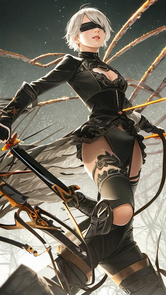 Epic CG masterpiece, hdr,DTM, full ha,8K, ultra detailed graphic tension, dynamic poses, stunning colors, 3D rendering, Surrealism, cinematic lighting effects, Realism, 00 renderer, super realistic, Super view, super wide Angle, HD
blury background,automata inspired、Nier Automata Characters、Nier Automata Cosplay、(High Resolution、4K、highest quality) Inspired by Nier、A girl in a black outfit holding a sword: Automata。Girls、((Both eyes are completely covered with a black blindfold.))、Delicate and beautiful silvery white short hair、Infected by the symbiote,Beautiful detailed lips、And has a highly detailed face with fine skin texture。,symbiote,The girl&#39;s black outfit is made of shiny leather material.Symbiote-infected clothing、Gives a stylish and futuristic look。、Reflecting sunlight。The blade is intricately engraved、The craftsmanship shines through。Girl&#39;s hair blowing in the wind、Adds dynamic movement to the scene。The overall image is realistic and photorealistic.、Sharp focus and vibrant colors、Enhances visual impact。This artwork is from Nier : It captures the essence of Automata.、It pays tribute to the iconic character 2b.。,
depth of field,An ultrarealistic full body photo of woman in fighting venom symbiote, black venom symbiote tentacles, laying deep in dark black liquid , evil smile, evil glowing eyes, hyper realistic, 8K,
1gir, solo,lips, (shiny skin:1.5)skin tight,grey eyes,
spider web print,
