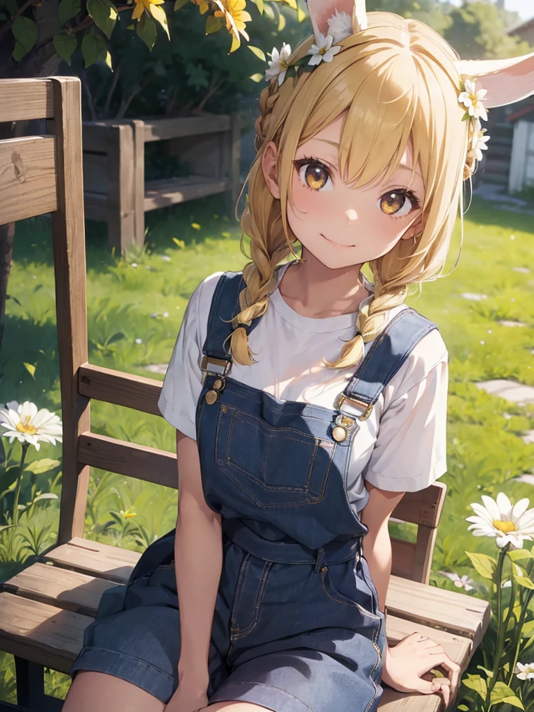 1girl, solo, looking at viewer, smile, bangs, blonde hair, shirt, holding, animal ears, sitting, closed mouth, yellow eyes, white shirt, upper body, braid, flower, outdoors, star \(symbol\), rabbit ears, twin braids, animal, white flower, , rabbit, bench, overalls, head wreath, holding animal