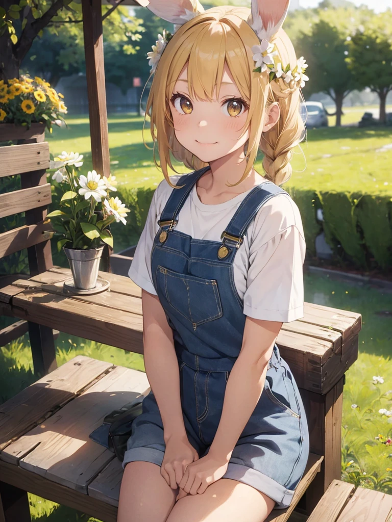 1girl, solo, looking at viewer, smile, bangs, blonde hair, shirt, holding, animal ears, sitting, closed mouth, yellow eyes, white shirt, upper body, braid, flower, outdoors, star \(symbol\), rabbit ears, twin braids, animal, white flower, , rabbit, bench, overalls, head wreath, holding animal