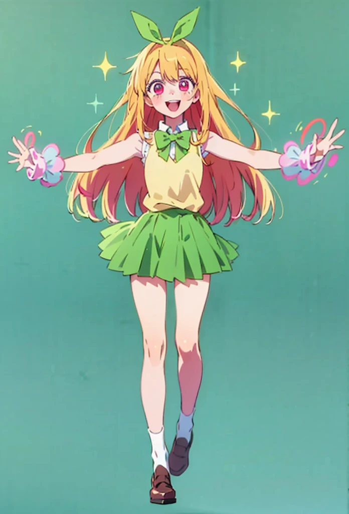 Ruby hoshino, long blonde hair, ruby dressed up as Yotsuba Nakano, dynamic pose, happy pose, long blonde hair with pink highlights, sparkling red pink eyes, star eyes, sparkling eyes, sweet face, cheery, playful happy face, lovely, 4k, perfect quality, excellent fusion, excellent character design, green ribbon, sleeveless yellow sweater, collared white short sleeved shirt, green bow tie, green pleated skirt, bright colors, pastel coloured image, vivid colours, light colours, simple background, magic hill background, splendid nature, natural light, daylight, full body, full shot, dinamic pose, extremely detailed, clean lineart, neat, smile