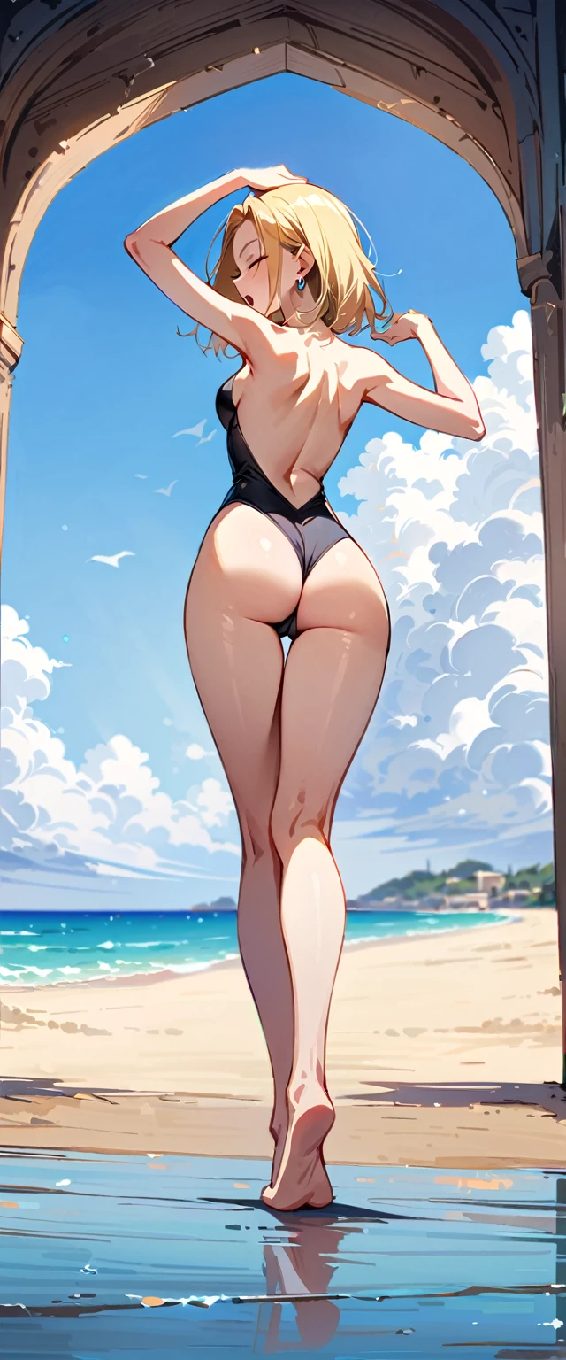 (masterpiece, best quality:1.2), full body, solo, Android 18 from Dragon Ball, ((black bikini, thigh gap)), short blonde hair loose, (close eyes), earrings on earlobes, slender feminine figure, skinny body, light blush, blue sky, magnificent view, blur background, 4K, (beautiful armpits), arms up, open mouth, beach, one heel raise, shot from behind, back view, from below, slim, side boob, Backless One-Piece Swimsuit, beautiful small butt, (barefoot), Malta