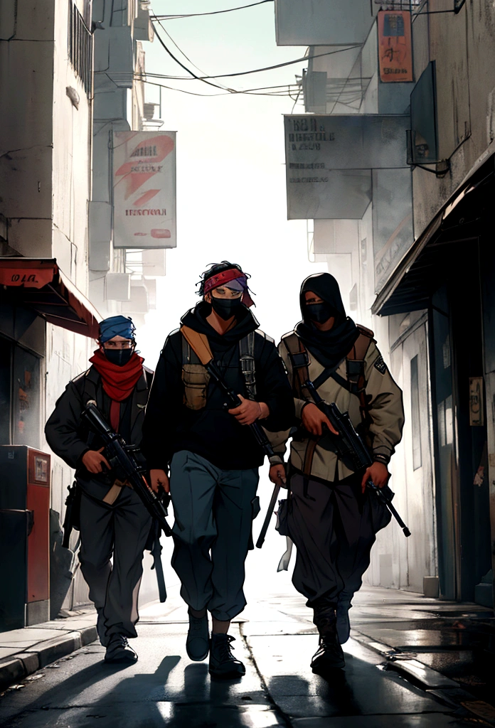 a guys with a sweet hood, a bandana and a uzi walk on the street