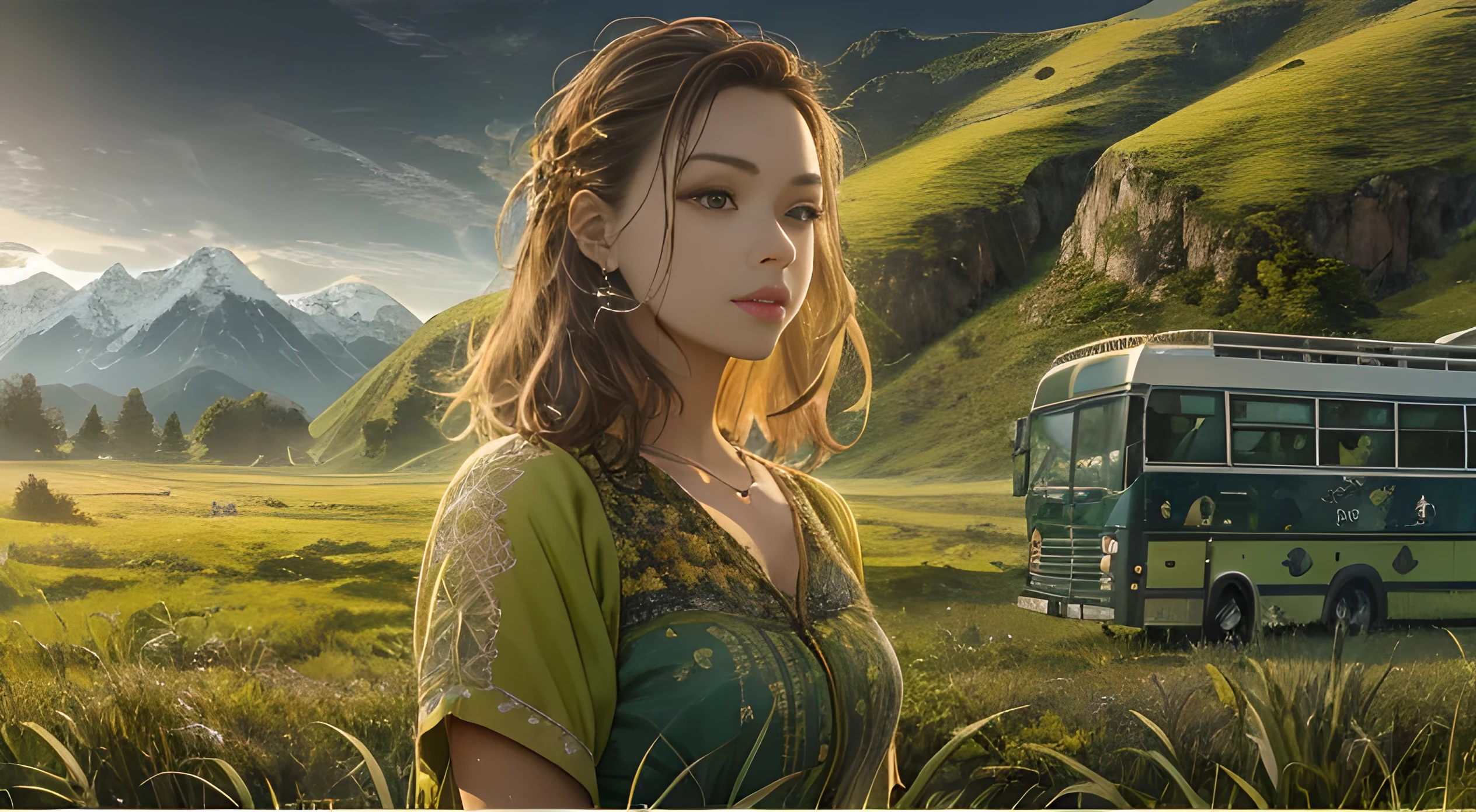 a beautiful detailed girl in a lush green grass field, a large tour bus in the distance, detailed mountains in the background, (best quality,4k,8k,highres,masterpiece:1.2),ultra-detailed,(realistic,photorealistic,photo-realistic:1.37),HDR,UHD,studio lighting,ultra-fine painting,sharp focus,physically-based rendering,extreme detail description,professional,vivid colors,bokeh,landscape,cinematic lighting