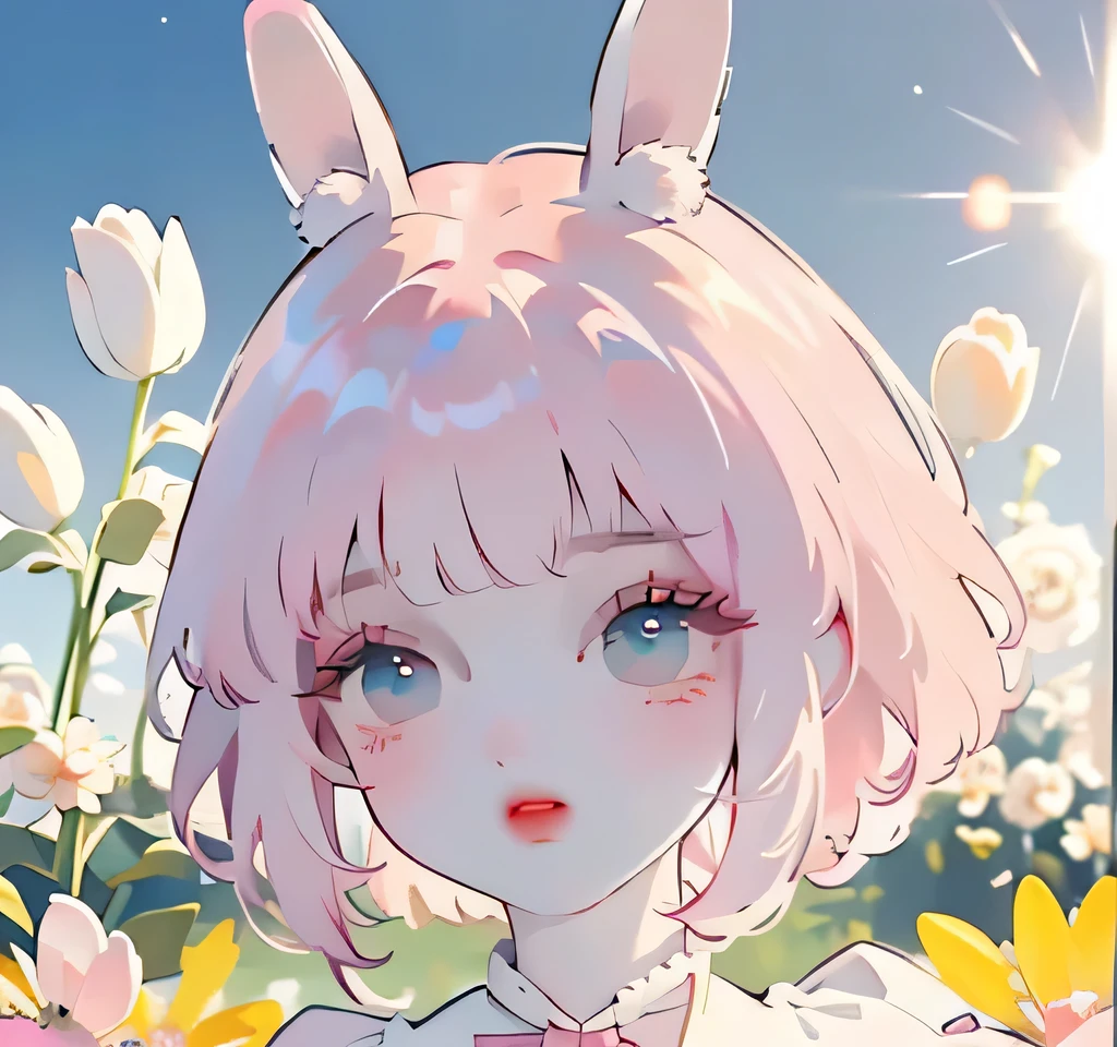 (high quality) (best quality) (a woman) (correct physiognomy) Woman, pink hair with bangs on her forehead, Bunny ears on her head, blue eyes, tender lips, middle age, a cute white dress style lolita, lighting of the photo: sunlight, It is in the middle of a field of flowers