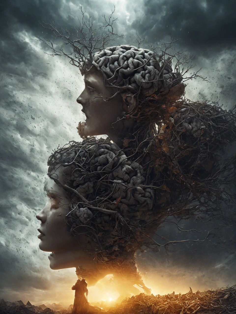 a dark cloudy sky raining down brains,human brain,organic matter,surreal,cinematic,dramatic lighting,moody atmosphere,movie poster,digital art,photorealistic,highly detailed,vibrant colors,dramatic shadows,chiaroscuro,intricate anatomy,complex composition,dystopian,conceptual,award-winning