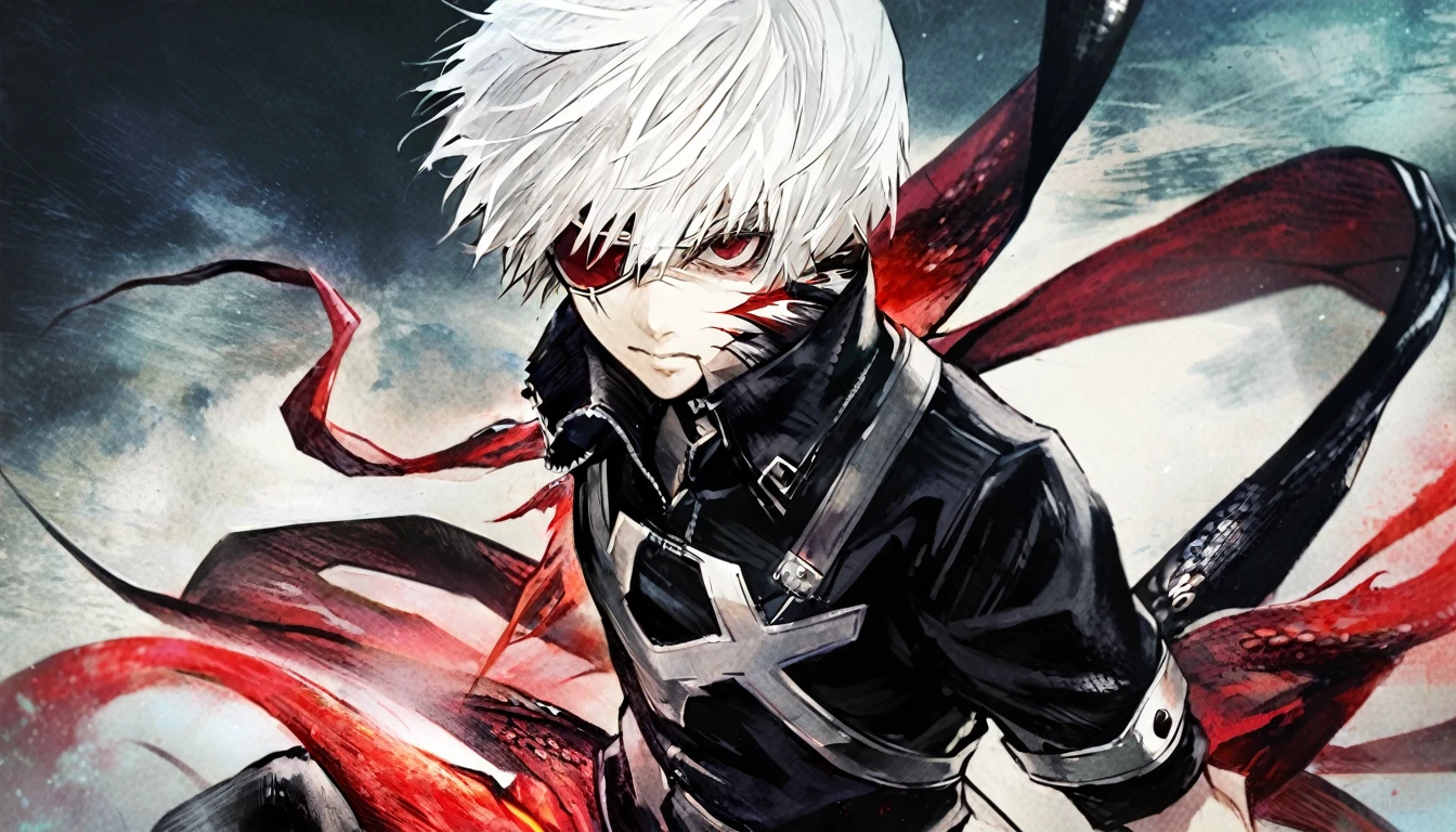 ```
ken kaneki, Tokyo Ghoul, white hair, black outfit, eyepatch, half-ghoul, serious expression, red kakugan eye, kagune tentacles, detailed face, high quality、Acrobatic、Wind-like sensation、
```