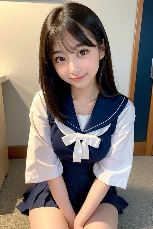((Highest quality)), ((masterpiece)), (detailed), High resolution、32k、Live Action、Genuine、Actual product、Genuine、Genuine、Professional Lighting、spotlight on faceを当てるを当てる、The best beautiful girl、とにかくcute、Face similar to Haruka Fukuhara、日本一cute女子高生、Smooth semi-long hair、Shiny black hair、Small face、Fair skin、Big eyes、double eyelid、Long eyelashes、Tear bags、Glowing black eyes、Blushed、skinny、Thin neck、Thin arms、Narrow shoulders、uniform、Short-sleeved sailor uniform、White Sailor Suit、Navy blue pleated mini skirt、White socks、Black loafer shoes、Translucent white skin、Small Bust、Small Bust, cup、smile、cuteおしり、Beautiful legs、night classroom、dim、shy、cute、Similar to Haruka Fukuhara、spotlight on faceを当てる、Well-formed face、Watery eye、thin、cute、beauty、Adorable、、Soft Skin、spotlight on face、Small breasts、I want to hug you、、half 、Very beautiful girl、A cute face that looks even younger、ponytail!Recreating the perfect sailor suit、A good-natured atmosphere、