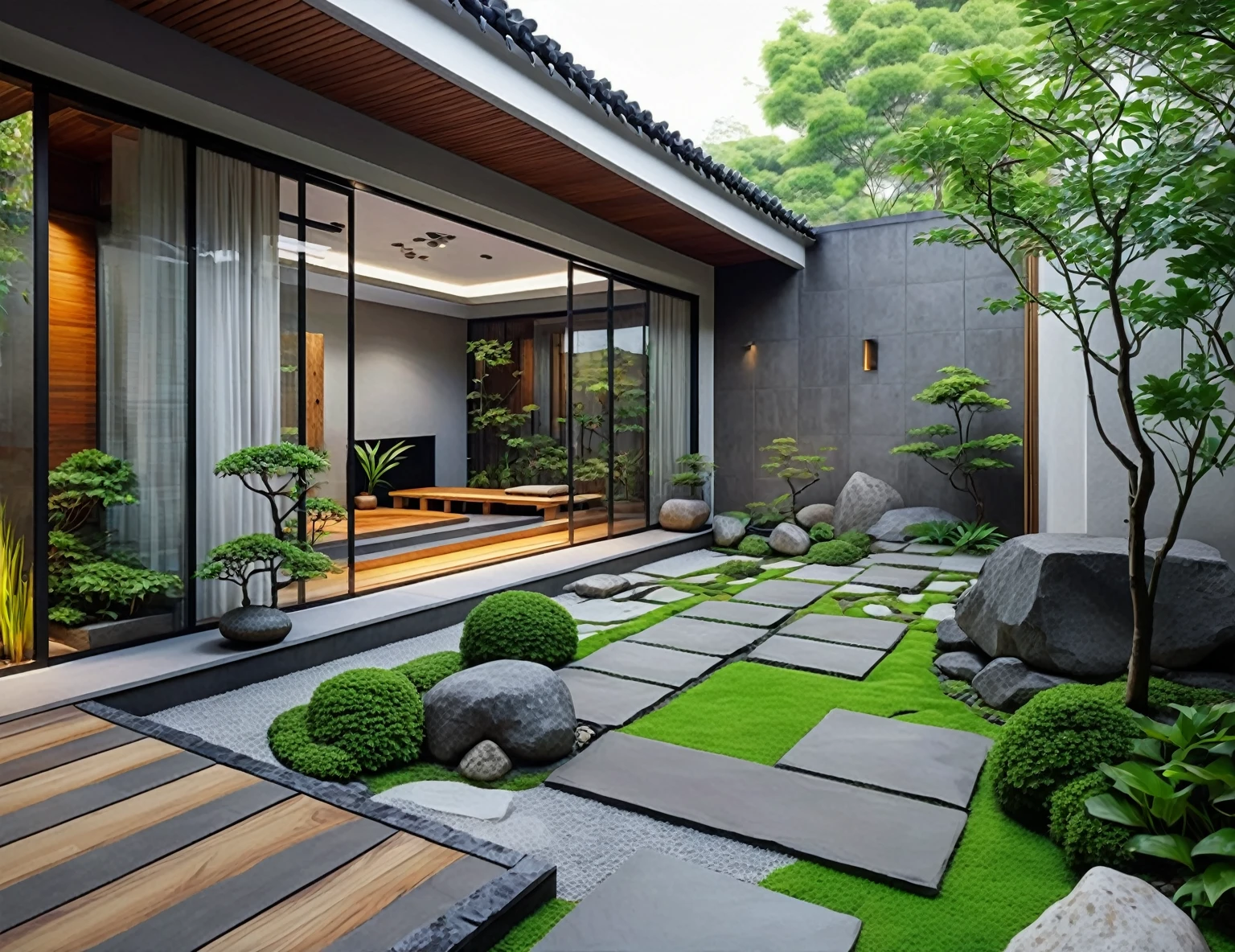 a close up of a garden with a stone path and a stone bench, beautiful aesthetic design, outdoor design, dense with greenery, garden at home, zen garden, exterior design, home and garden, beautiful design, japanese house, vibrant greenery outside, in style of ultra realistic, sharp and detailed, with a garden, beautifully detailed render, vivid and detailed