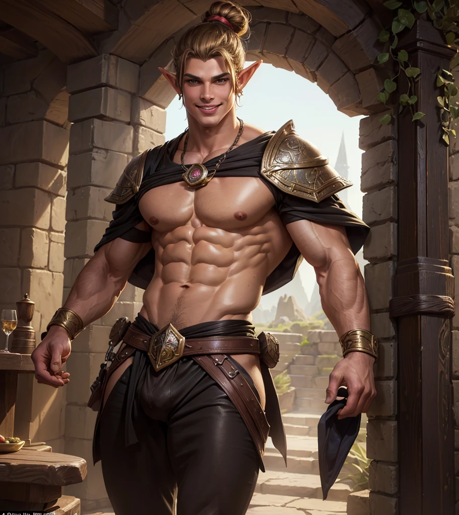 (((Single character image.))) (((1boy))) (((Luxurious hair and sexy smirk.))) (((18 years old.))) (((18yo.))) Art style inspired by the work of J Scott Campbell.  (((Shirtless with a great body.))) Looks like a sexy male elf warrior for a medieval fantasy setting.  Looks like a sexy and dangerous male elf for a medieval fantasy setting. Looks like a physically sexy male medieval elf for Dungeons & Dragons. (((shirtless with a perfect physique))), A single character portrait, (((very sexy male physique))), (((stunningly gorgeous face))), (((menacing stare))), (((sexy hair in a topknot))), fantasy artwork, fantasy attire, fantasy adventurer, attractive, youthful, sexy, (((sexy smile))), (((dark features))), arched eyebrows, scowl, (((long, luxurious, exotic dark blonde hair))), mysterious, (((very sexy mouth and lips))), elf male in his early 20’s sexy body, pathfinder, Dungeons & Dragons character portrait, intricate details, ultra detailed, extremely detailed hands, ultra detailed clothes, ultra detailed hands, epic masterpiece, ultra detailed, hyperdetailed hands, digital art, unreal engine, 8k, ultra HD, centered image