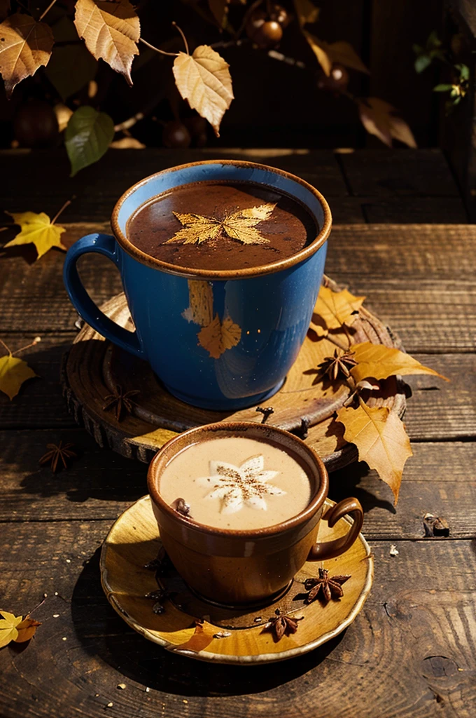 Create an image featuring a blue cup of hot chocolate surrounded by golden autumn leaves and acorns, with a hint of cinnamon and star anise on a rustic wooden table to convey a cozy autumn atmosphere.