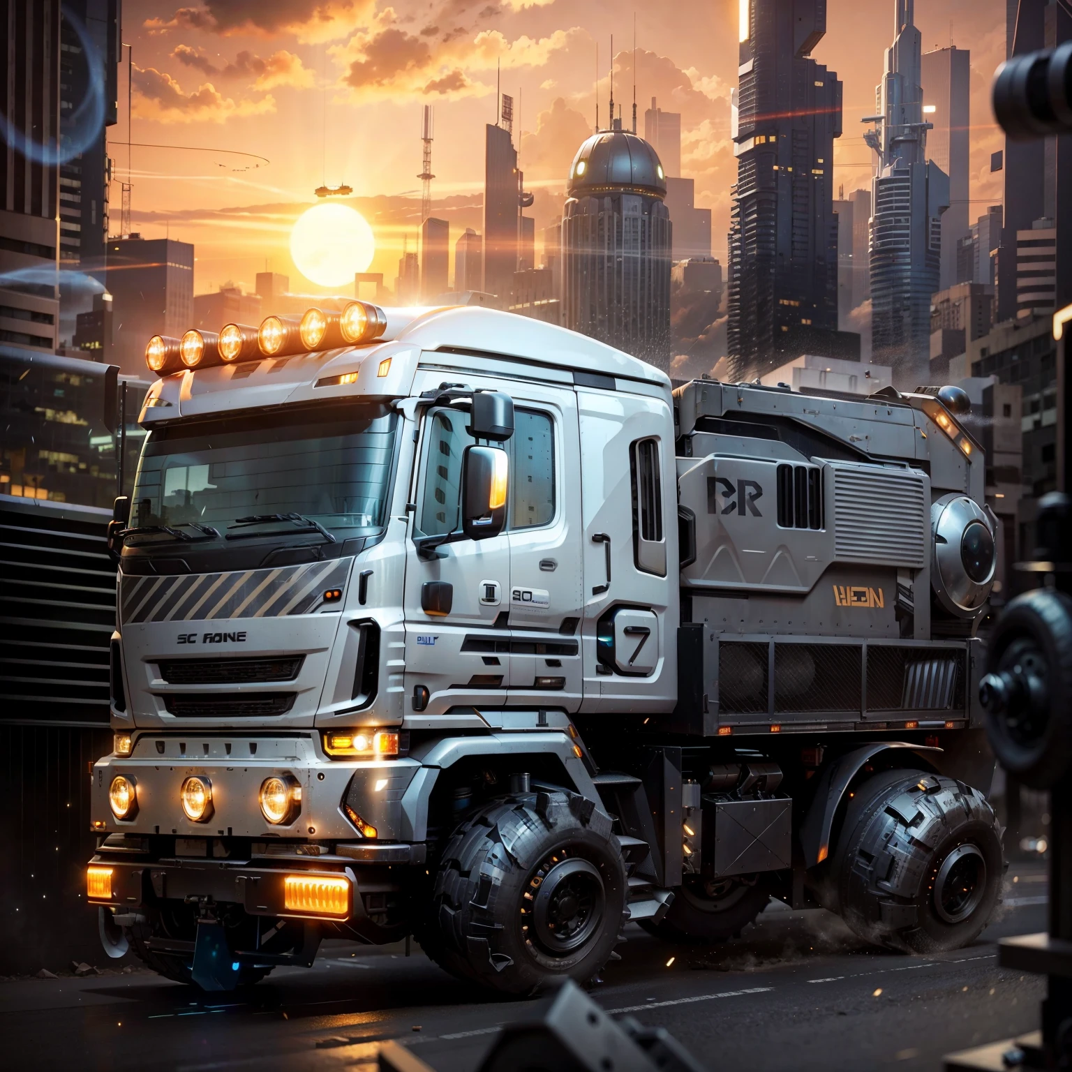 A brilliant Black sci fi hover truck headlights on in the foreground, in the background is a sci fi city with a lot of buildings lights on and a giant sun shining in the trucks body