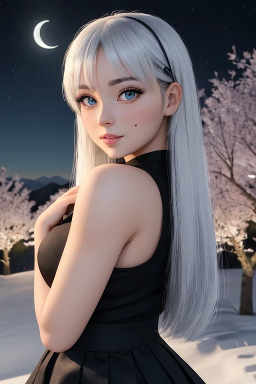 Long White haired anime girl with light blue eyes,black shir,short white skirt,cute,hot,beautiful,18 years old,revanimated,3d,cyberrealistic,DreamShaper,in the moonlight,on top of the mountain,beautiful night sky,hot posing near a cherry tree,closeup,black stripes on cheeks,JapanesedollLikeness,best quality,