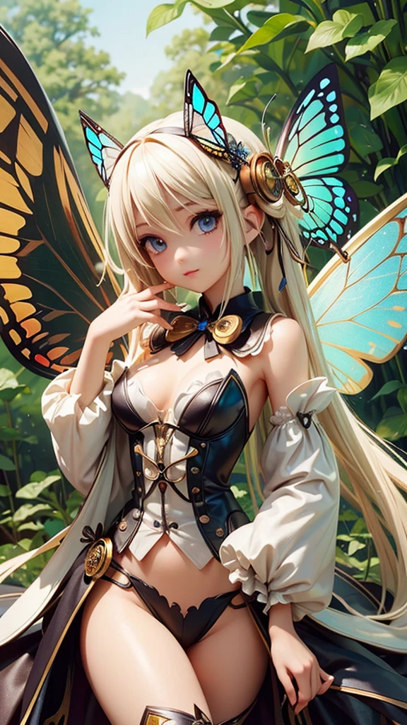 (highest quallity:1.3)。Steampunk。Mechanical fairy。long platinum blonde hair。Beautiful butterfly wings。