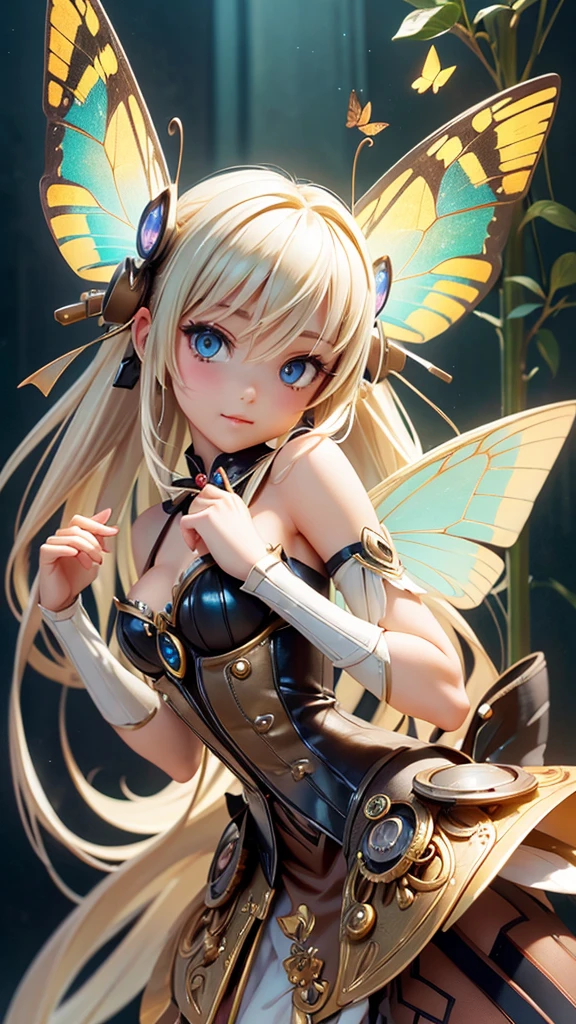 (highest quallity:1.3)。Steampunk。Mechanical fairy。long platinum blonde hair。Beautiful butterfly wings。