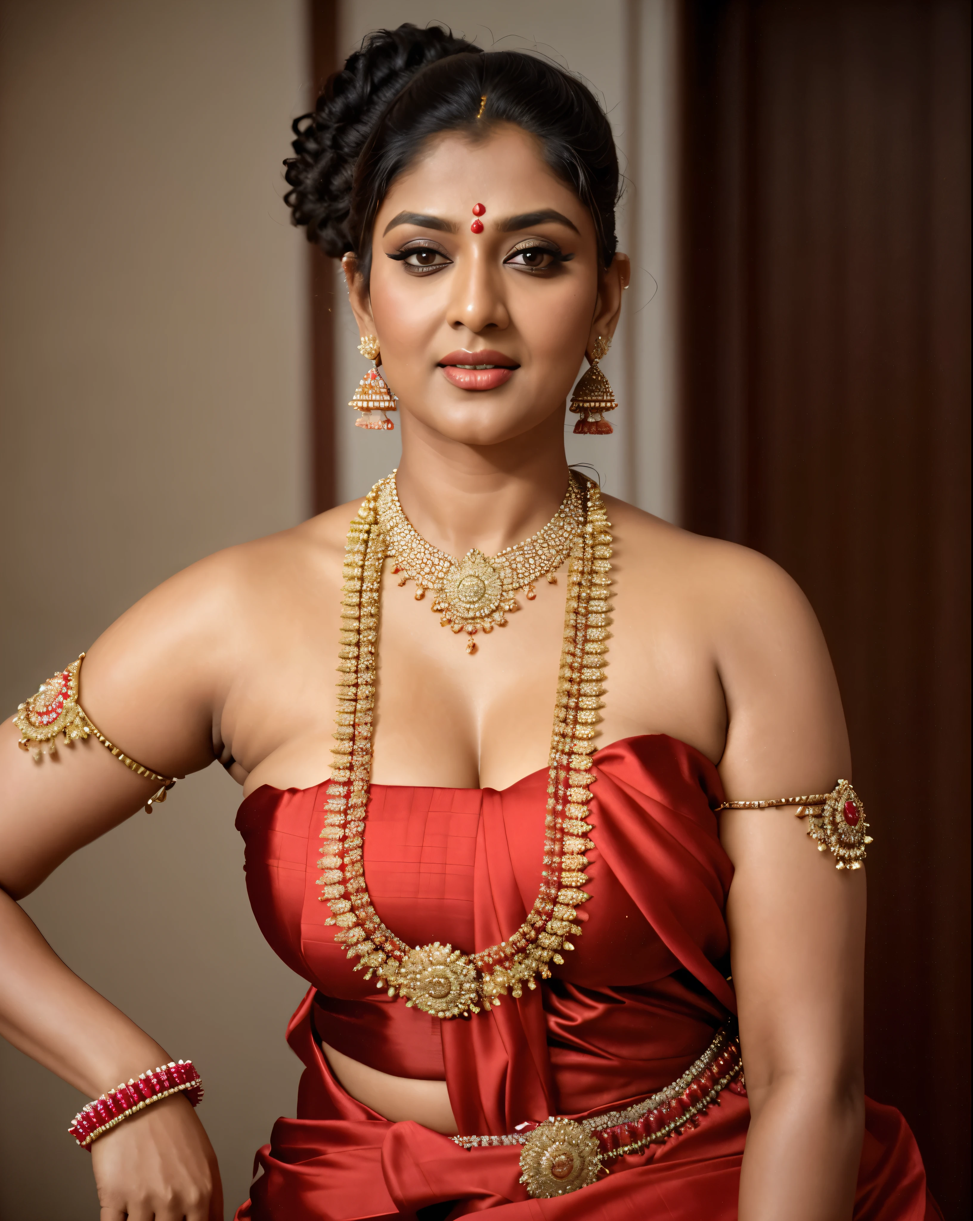 Wearing a sexy satin saree with strapless Bra, sexy Indian housewife, Looks like Indian Actress Nayanthara, actress Nayanthara, mallu, mallu aunty, desi aunty, full figured mature beauty,  sweaty skin , shining skin, sweat, attractive figure, 48 years old, spicy hot, desi milf, desi aunty, a close up of a woman in a red dress in a bedroom, inspired by Avigdor Arikha, sleek!!!, indian super model, wavy hair combed to one side, actress, by Jitish Kallat, smoldering, intense smoldering, fashion, an angel, print ready, with a dramatic looking, inspired by Sudip Roy, seductive look, sexy Saree queen, sexy Saree fashion, seductive Saree,  wear saree, sizzling hot Beauty, red juicy lips, sexy navel folds, fleshy body, curvy beauty, beautiful deep navel, detailed hairy armpits, 