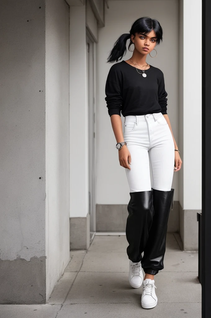 Imagine a young individual with a distinctive mullet haircut, residing in a modern urban apartment setting. Capture the essence of their fashion sense, predominantly favoring black or white clothing. Show in a casual, yet stylish pose that reflects their youthful spirit and urban lifestyle. unique look and personality, blending urban chic with a touch of mystery and independence.